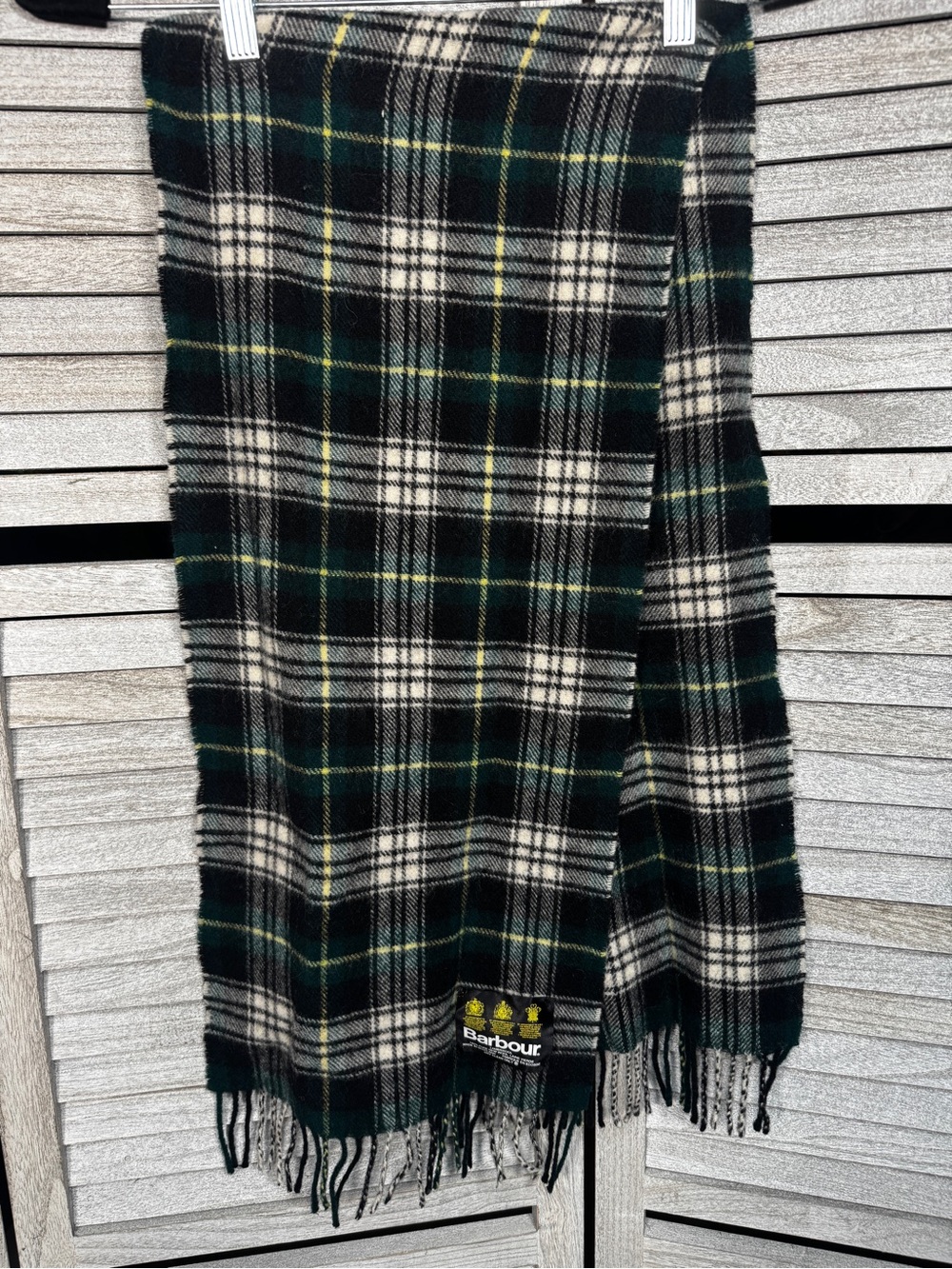 Barbour Black, Green and Cream Tartan Wool Scarf